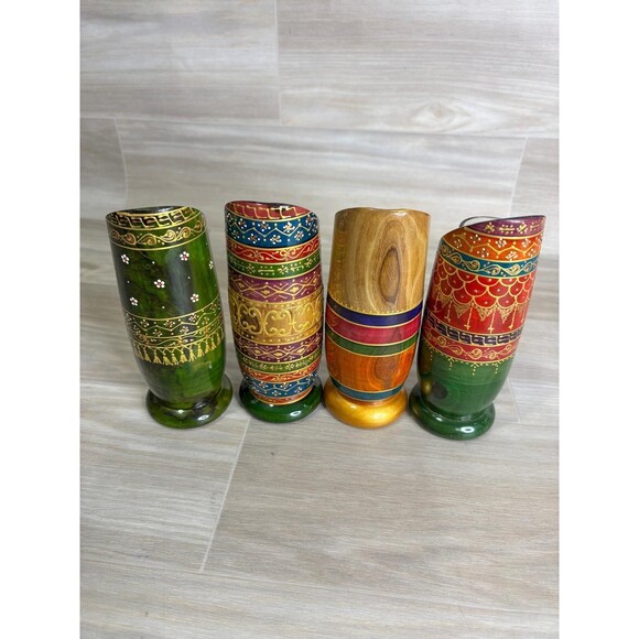 Handmade North Africa Olive Wood 4 Shot Mugs Hand Crafted Glass Mugs Colorful - Picture 1 of 12